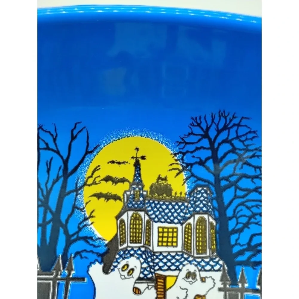 Vintage Berman Ind Halloween Candy Bowl Dish Black Cat Flying Ghosts Plastic